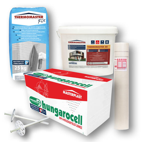 Hungarocell EPS, Thermomaster Fix ragasztó, Masternet üvegháló, Thermomaster dűbel, Thermomster Univerzális alapozó és akril vakolat